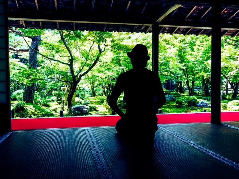 a man watching Jananese zen garden