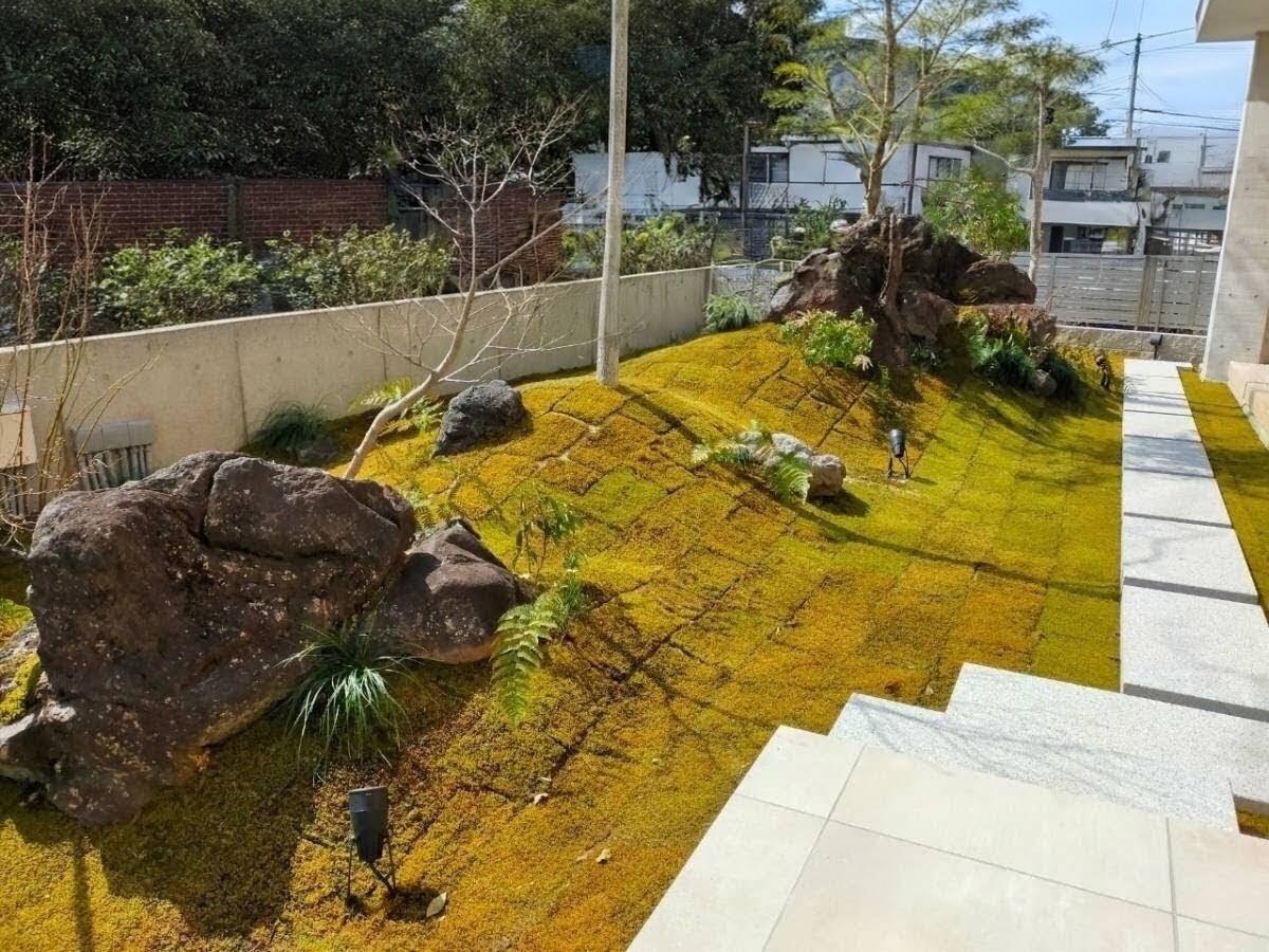 苔が美しく配置された玄関前の前庭でお客様をお迎えする景石